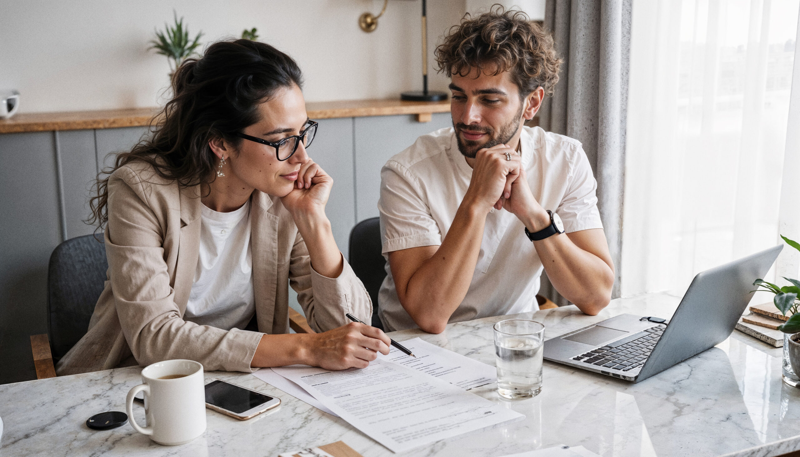 Focused colleagues analyzing documents at a desk with laptop